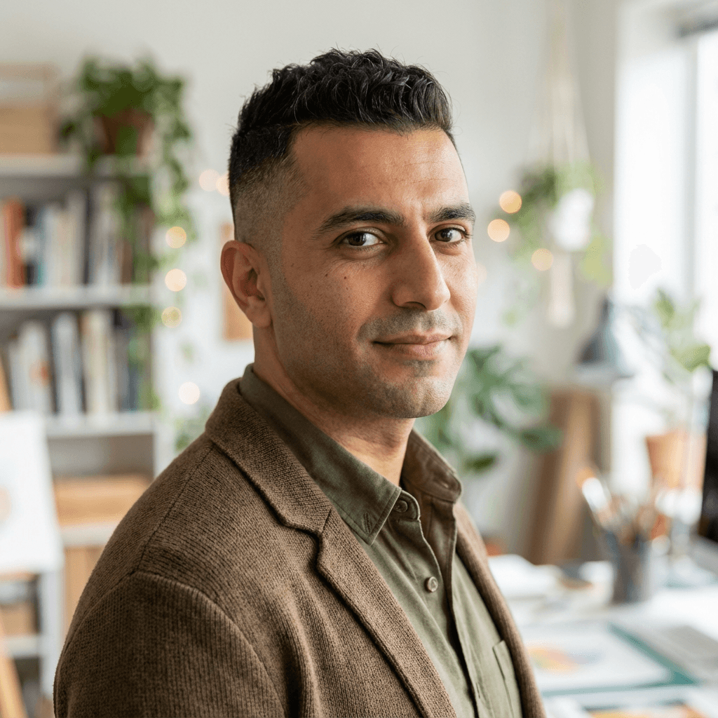 Samuel Hansen, male caregiver in his late 40s, South Asian, warm and attentive smile