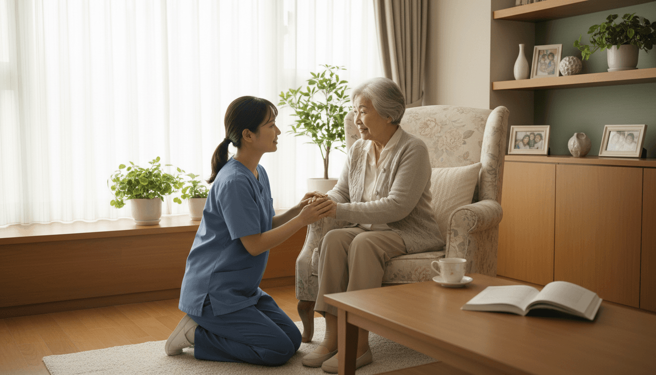 Caregiver sitting beside an elderly woman in a bright, cozy living room