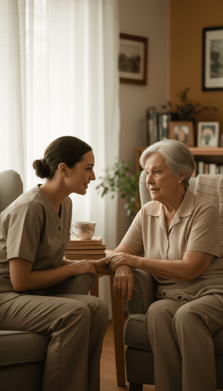 Caregiver listening closely to a senior woman beside a bright living room window