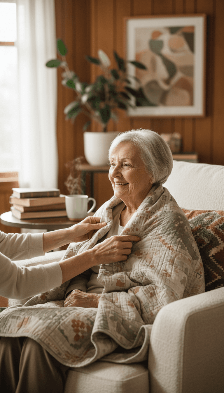 Caregiver adjusting a blanket for a smiling senior woman in an armchair