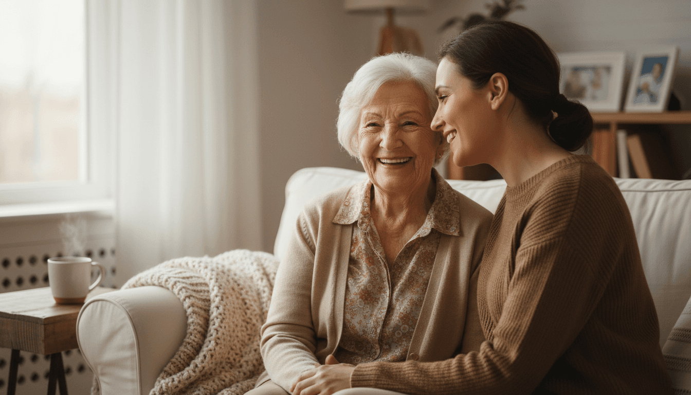 Elderly woman smiling with her caregiver in a cozy living room