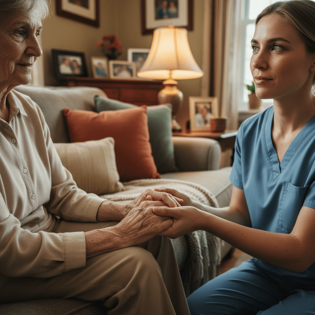 Senior resident smiling in a bright common room with a caregiver nearby