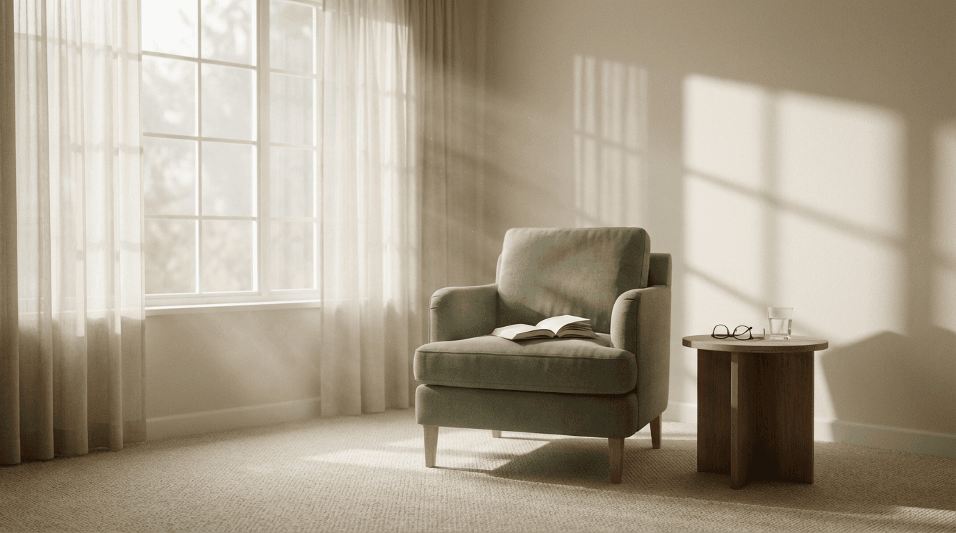 Caregiver talking with a resident in a cozy living room