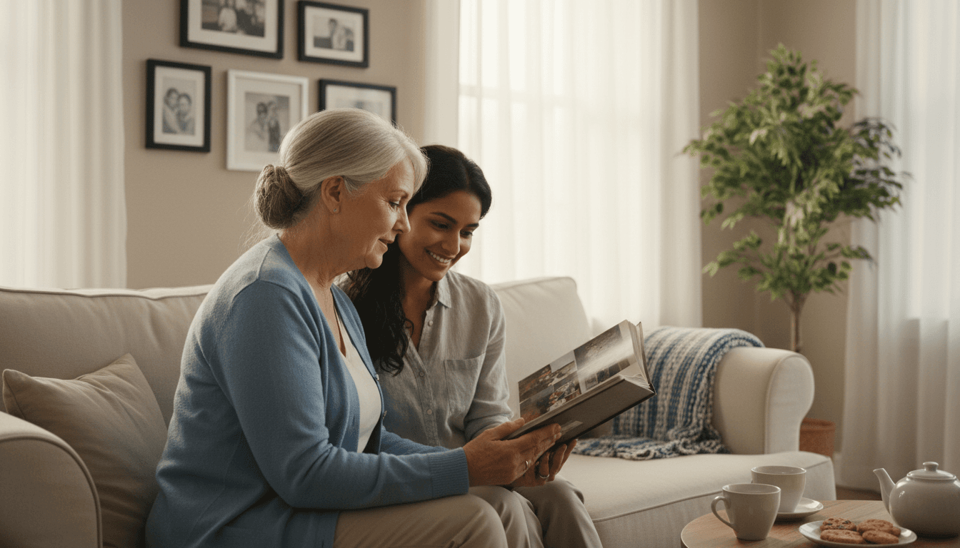 Caregiver sharing a warm moment with a senior resident in a cozy living room